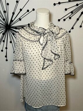 Max Studio Sheer Polka Dot Blouse Cream Black Bow Tie Ruffle Sleeve Top